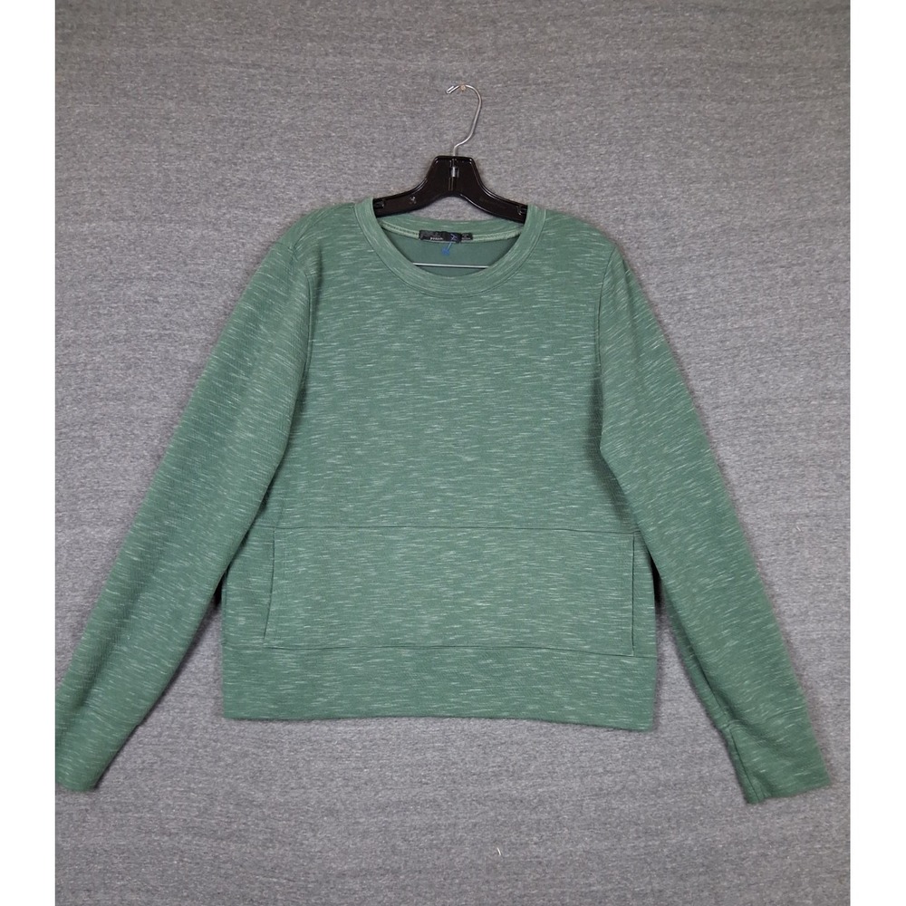 Prana Womens Sweatshirt XL Green Heathered Crew Lightweight Terry Knit Kangaroo